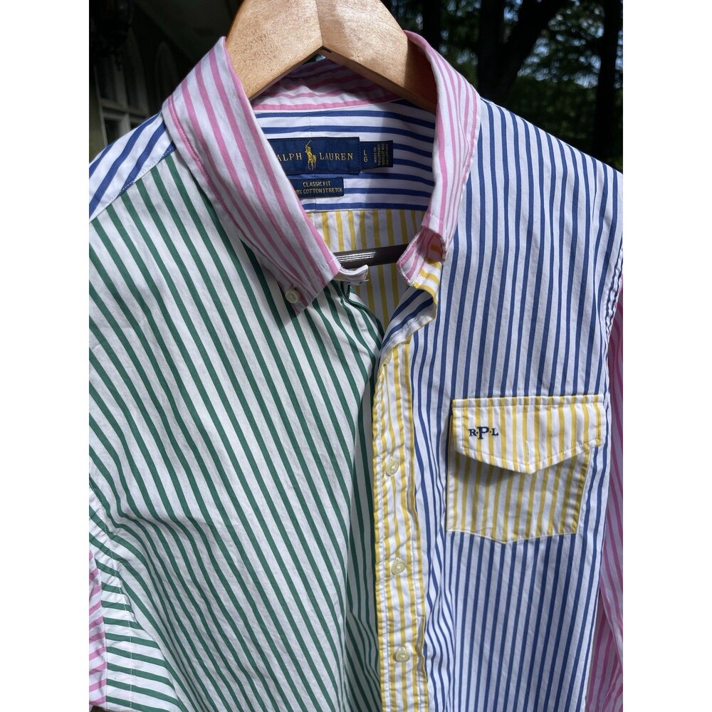Ralph Lauren Colorblock Striped Poplin Shirt Logo Initials Men Large Classic Fit
